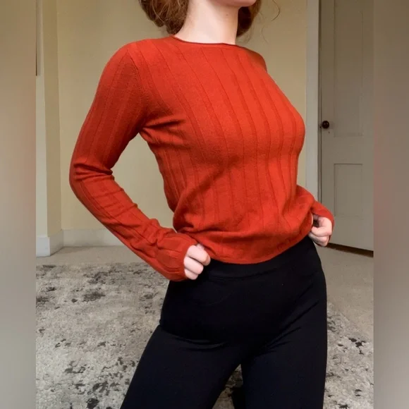 Everlane Vibrant Orange Red Ribbed Sweater Wool Comfy Stretchy NWOT Cute - Picture 5 of 14